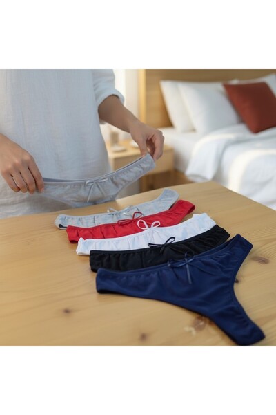 Pogi Lace Tanga Külot 5'li Paket Kadın Pamuklu 5'Li Tanga Külot - Beş Renk Ka...