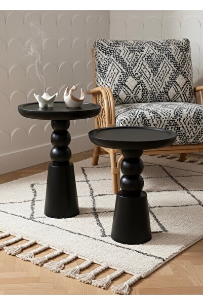 ASELYA HOME Doğal Ahşap 2’li Set Siyah Mantar Yan Sehpa Modern Fiskos Zigon Ç...