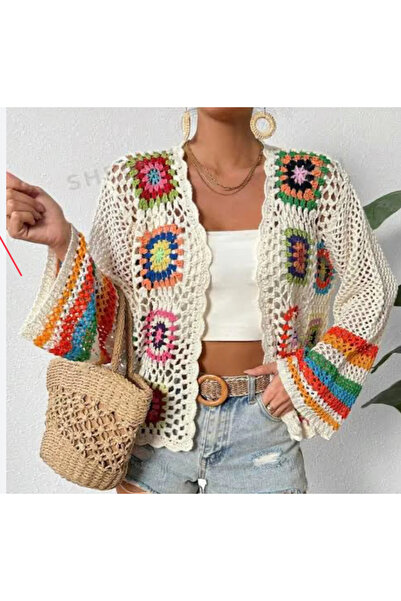 diğerr1 Bohemian Summer Colorful Patterned Hand-Knitted Spring and Summer Whi...