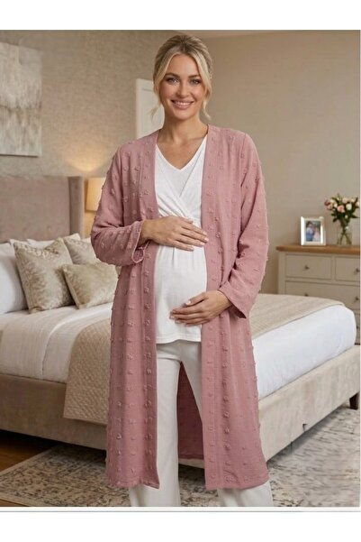 LOHOUSE Kadın Pudra Jakarlı 3'Lü Sabahlıklı Lohusa Hamile Pijama Takım Seti
