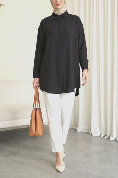 Modamorfo Πουκάμισο με οβάλ κουμπιά - μαύρο