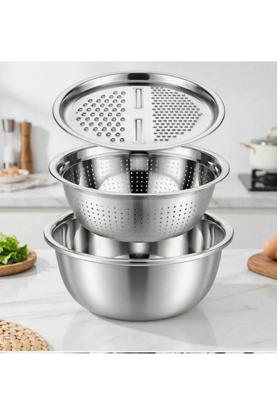 DİĞER1111 Set of 3 Multifunctional Stainless Steel Grater, Strainer and Bowl Set