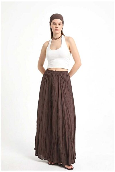 Warasiva Γυναικεία καφέ υφασμάτινη φούστα βουάλ με ελαστική μέση και μακριά ε...