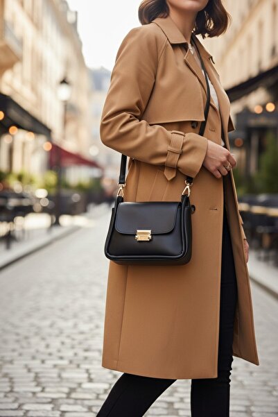 enoch Women's Black Messenger Bag with Cover and Gold Lock, Matte Leather Sho...