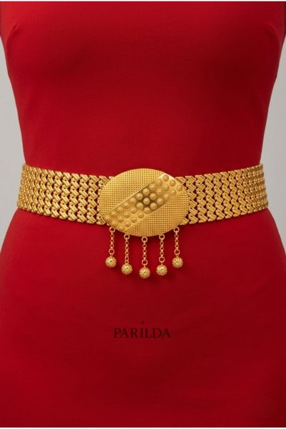 Parılda طراز التوت - حزام نسائي مطلي بالذهب (مشبك هرمي / مزود بحلقات) - 6 صفوف