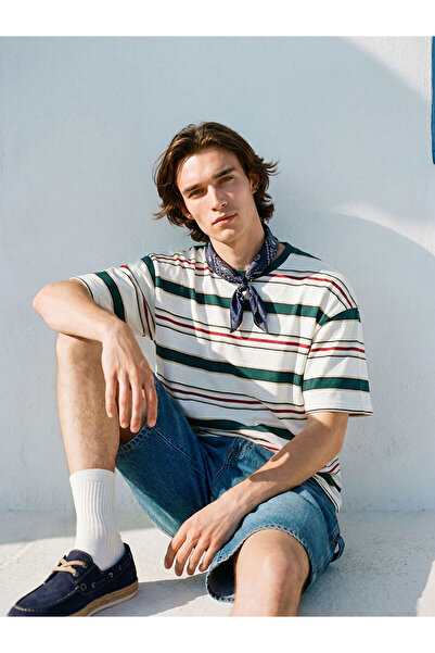 LC Waikiki Nevavm Men's T-Shirt with Oval Collar and Stripes
