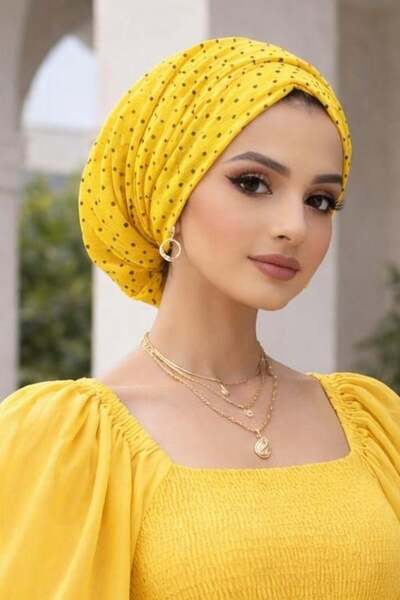Aişe tesettür Κίτρινο μαύρο πουά καπέλο με κορδόνι περίσφιξης