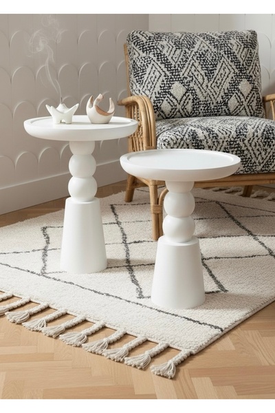 ASELYA HOME Doğal Ahşap 2’li Set Beyaz Mantar Yan Sehpa Modern Fiskos Zigon Ç...