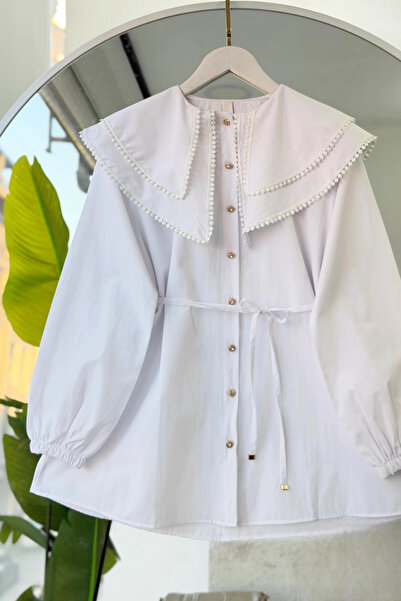 URİS Γυναικείο λευκό πουκάμισο με διακοσμητικό γιακά και δετή μέση, ρομαντική...