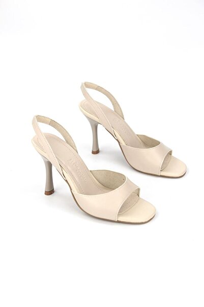 Lady Sunna Vionar Bej Cilt Açık Burun Slingback 8 Cm Orta Topuklu Kadın Ayakkabı