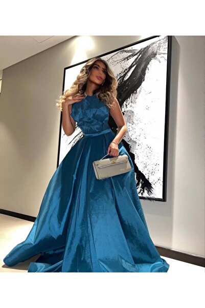 ALANOOD فستان أزرق ساتان بتصميم طبقات فاخر