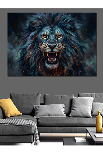 Artmeg Pânză decorativă cu portret de leu albastru galactic - Tablou din lemn...