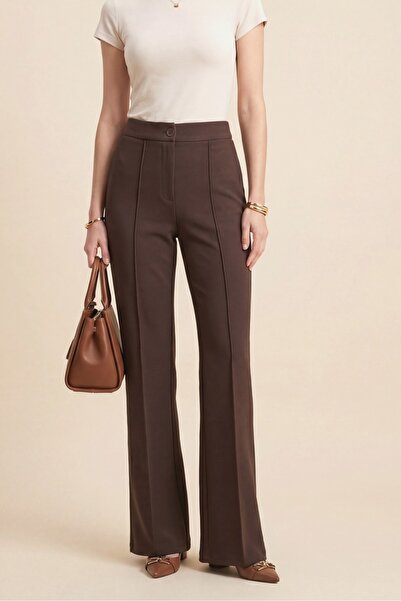 Modamorfo Παντελόνι Palazzo από Λύκρα με κουμπιά και ελαστική μέση -k. Καφέ