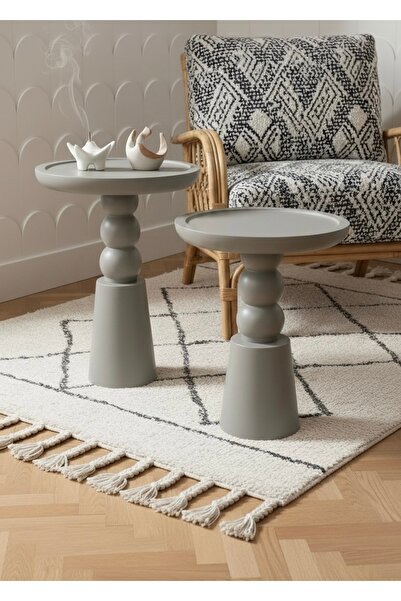 ASELYA HOME Doğal Ahşap 2’li Set Gri Mantar Yan Sehpa Modern Fiskos Zigon Çiç...