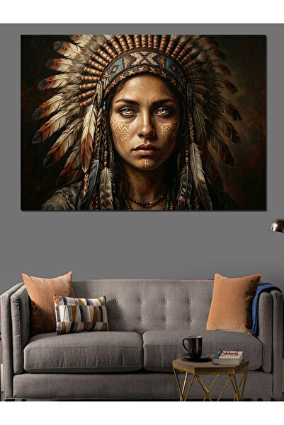 Artmeg Pânză decorativă cu portret și pene de femeie indigenă - Tablou din le...