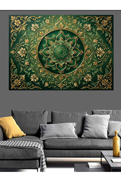 Artmeg Pânză decorativă cu model Mandala auriu pe verde - Masă din lemn MDF