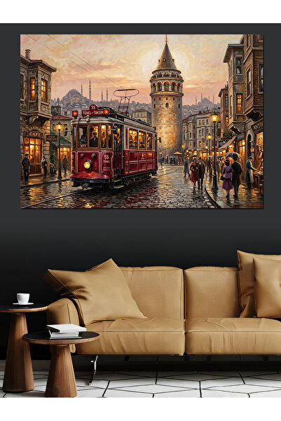 karizmart Galata Kulesi Ve Nostaljik Tramvay Dekoratif Kanvas - Mdf Ahşap Tablo