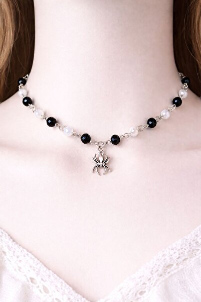 sleyshop Siyah Beyaz Kristal Gotik Örümcek Kolye