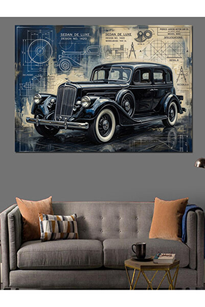 Artmeg Black and White Antique Car Illustration Decorative Canvas - Mdf Wood ...