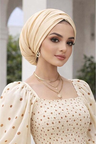 Aişe tesettür Κρεμ Χαλαρό Καπέλο με Κορδόνι Περίσφιξης