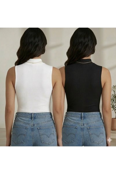 twenty ipek Half-Necked 2-Piece Black and White Color Turtleneck Cotton Women's Tank Top