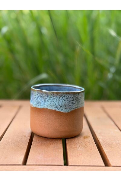 Nart El Yapımı Stoneware Kulpsuz Kupa 220 ml - Mat Kahverengi & Akdeniz Mavisi
