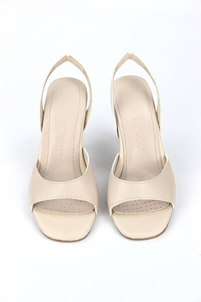 Lady Sunna Vionar Bej Cilt Açık Burun Slingback 8 Cm Orta Topuklu Kadın Ayakkabı