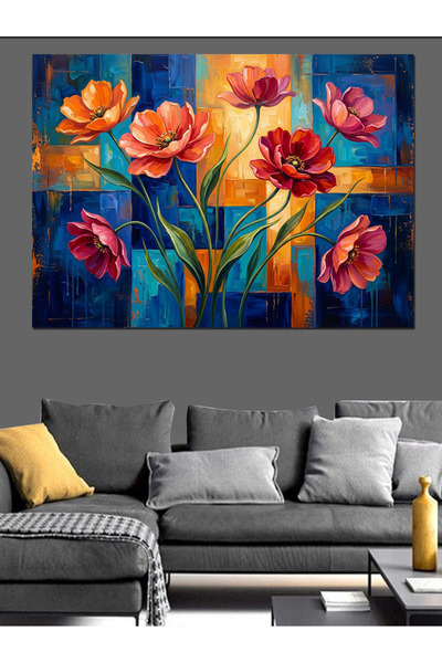 Artmeg Flori roșii pe fundal geometric Pânză decorativă - Tablou din lemn MDF