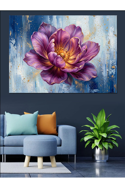 Artmeg Pictură decorativă pe pânză cu flori mari și frunze mov - Tablou din l...