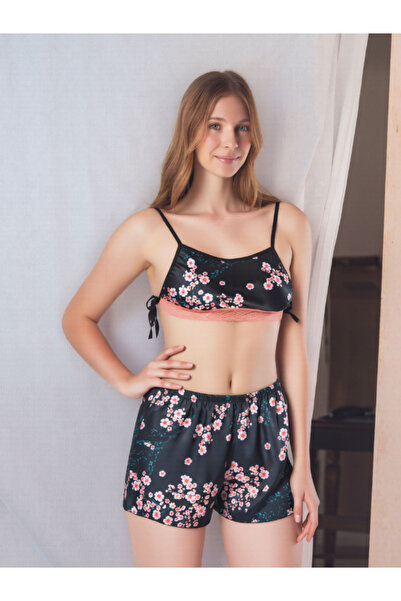 Pearlune Kadın Çiçek Desenli Saten Şortlu Pijama Takımı - Askılı Bralet Model...