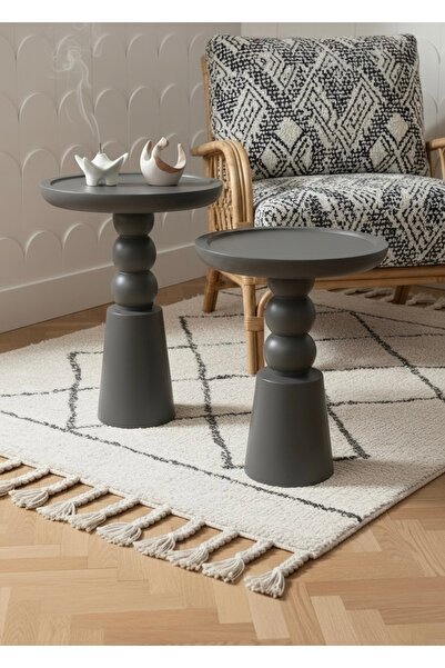 ASELYA HOME Doğal Ahşap 2’li Set Antrasit Mantar Yan Sehpa Modern Fiskos Zigo...