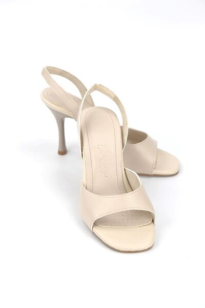 Lady Sunna Vionar Bej Cilt Açık Burun Slingback 8 Cm Orta Topuklu Kadın Ayakkabı