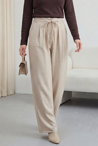 Modamorfo Beli Laced Double Buttoned High Waist Tencel Trousers - Stone Color