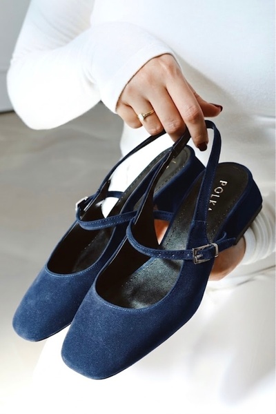 POLKA STORE Γυναικεία παπούτσια Audrey Navy Blue Suede με ανοιχτή πλάτη και τ...