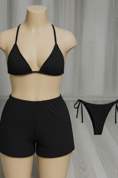 Imoda Kadın 3'lü Set Siyah Şortlu ve Yandan Bağlamalı Bikini Mayo Takımı