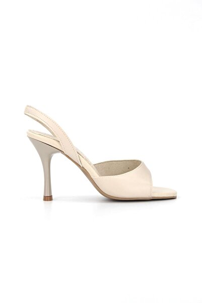 Lady Sunna Vionar Bej Cilt Açık Burun Slingback 8 Cm Orta Topuklu Kadın Ayakkabı