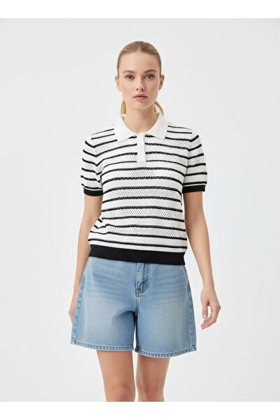 Park Karon 12477 Women's Polo Collar Striped Openwork Knitwear Blouse