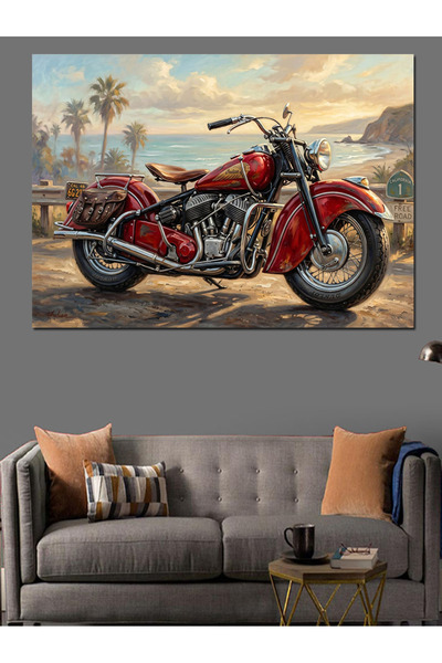 Artmeg Pânză decorativă cu motocicletă clasică roșie pe malul mării - Masă di...