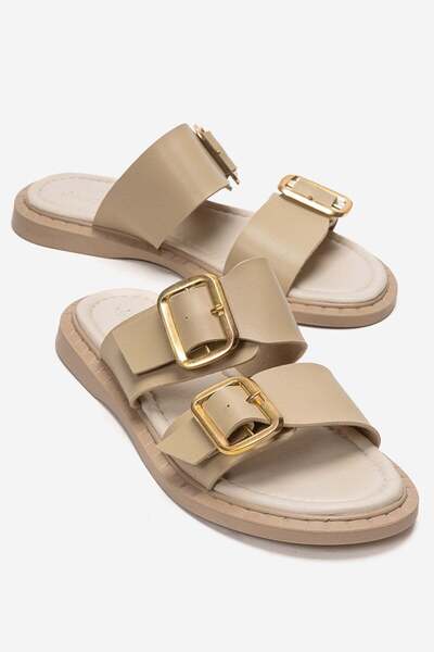CCWAY AYAKKABI Women's Double Buckle Slippers Beige