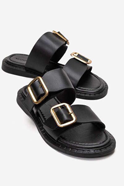 CCWAY AYAKKABI Women's Double Buckle Slippers Black