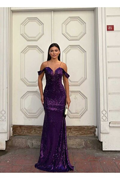 WoolnClyde Γυναικείο μωβ φόρεμα με κορδόνια, ανοιχτό στους ώμους, με λαιμόκοψ...