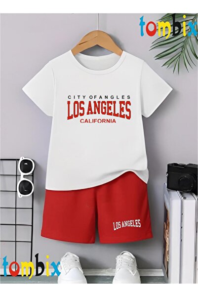 tombix ΚΟΚΚΙΝΟ T-SHIRT ΜΕ ΣΤΑΜΠΑ LOSANGELES, ΚΑΛΟΚΑΙΡΙΝΟ ΣΟΡΤΣ, ΠΑΙΔΙΚΟ ΣΕΤ