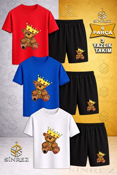 SİNREZ Children's Bear Patched Crown Printed Crew Neck 3-Piece T-Shirt - Shor...