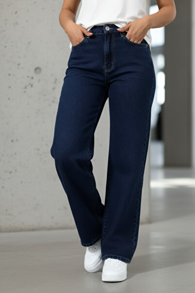 WODDİ Nova Kadın Yüksek Bel Lacivert Salaş Jeans Wide Leg Geniş Paça Palazzo ...