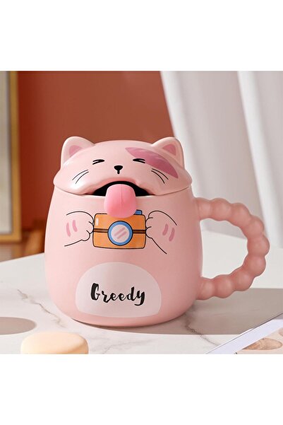 hediyesahibi Özel Tasarım 3D Kedi Figürlü Kapaklı Kaşıklı Kupa Bardak