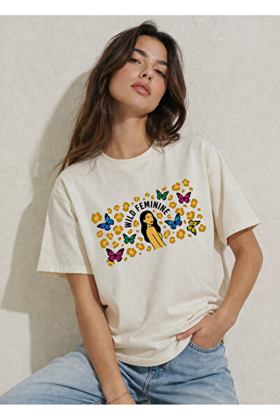 FREAK T-SHIRT Women's Ecru Oversize T-Shirt – Modern Graphic Print, 100% Cott...