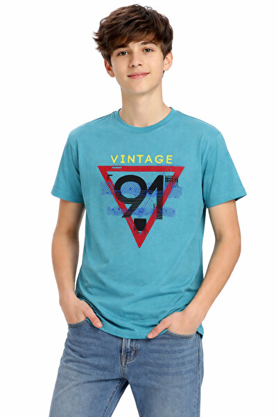 İrem Çocuk Giyim Boy's Vintage Text Patterned Green Color Short Sleeve T-Shirt