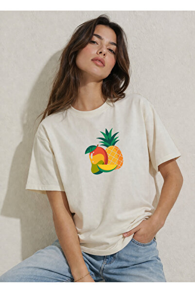 FREAK T-SHIRT Women's Ecru Oversize T-Shirt – Modern Graphic Print, 100% Cott...