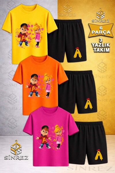 SİNREZ Tricou din 3 piese cu imprimeu ALVN VE KIZ SINCAP pentru copii - Set p...