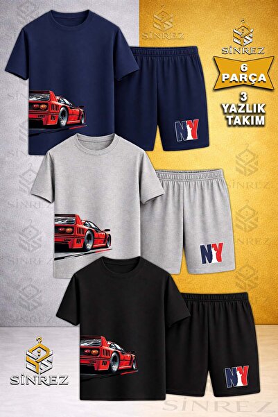 SİNREZ Children's Car Red Sag Side Printed Crew Neck 3-Piece T-Shirt - Shorts...